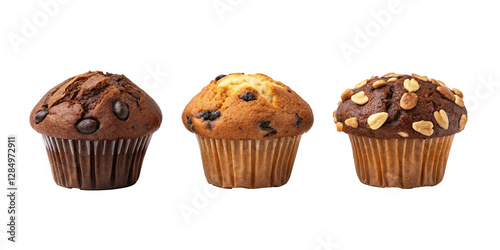Three Varieties of Muffins with Nuts on Transparent Background, PNG Transparent