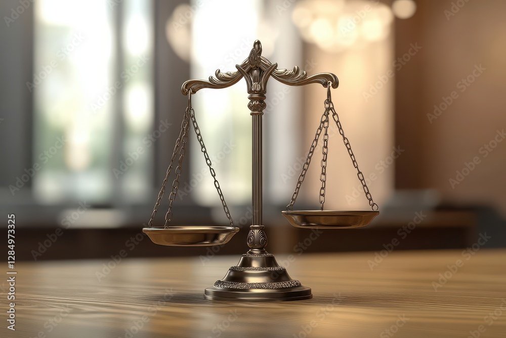 Symbol of justice displayed on a wooden surface in a courtroom setting during legal proceedings Symbol of justice displayed on a wooden surface in a courtroom setting during legal proceedings