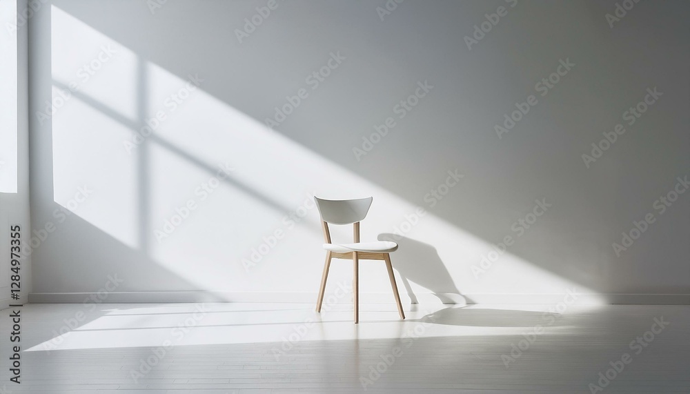 미니멀한 의자가 넓은 공간 한가운데 놓여 있으며, 그림자가 공간감을 더하는 장면 미니멀한 의자가 넓은 공간 한가운데 놓여 있으며, 그림자가 공간감을 더하는 장면