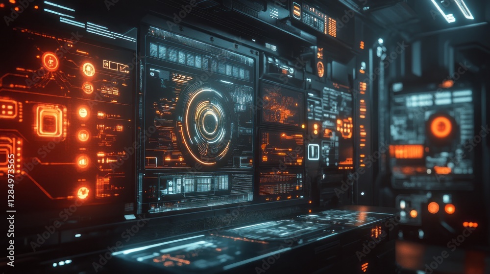 Futuristic control panel displays complex graphics and glowing interfaces Futuristic control panel displays complex graphics and glowing interfaces