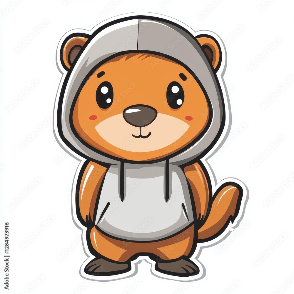 Obraz premium Sticker of a Cute cartoon beaver wearing a colorful hoodie stands with a cheerful expression in a vibrant design