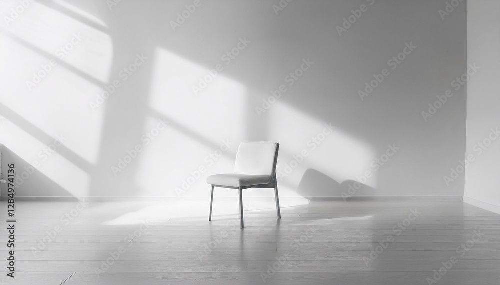 미니멀한 의자가 넓은 공간 한가운데 놓여 있으며, 그림자가 공간감을 더하는 장면 미니멀한 의자가 넓은 공간 한가운데 놓여 있으며, 그림자가 공간감을 더하는 장면