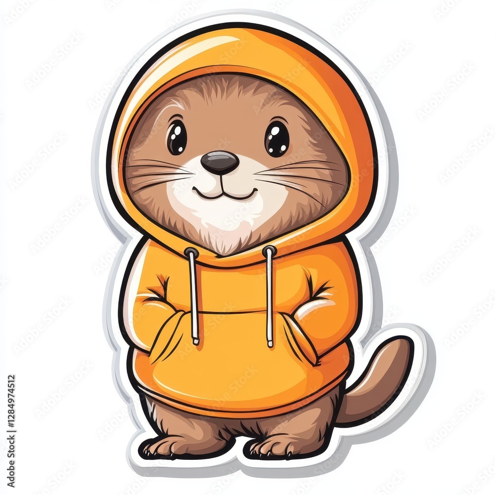 Obraz premium Sticker of a Cute cartoon marmot wearing a colorful hoodie stands with a cheerful expression in a vibrant design