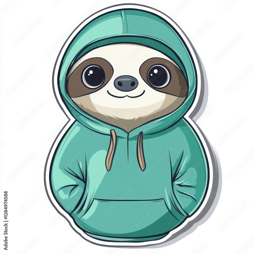 Fototapeta premium Sticker of a Cute cartoon sloth wearing a colorful hoodie stands with a cheerful expression in a vibrant design