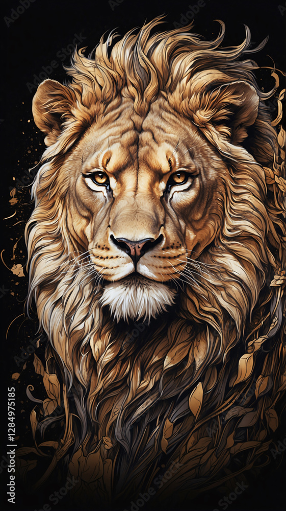 Naklejka premium Fierce Lion Portrait Drawing with Majestic Fur and Intense Expression