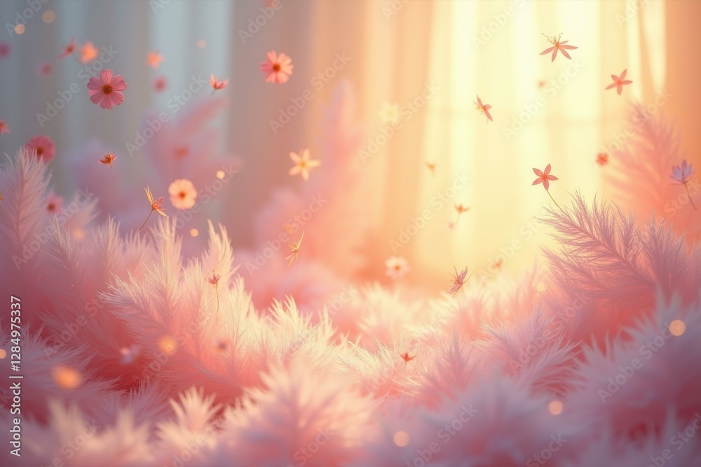 Obraz premium Soft pink feathers floating petals falling, dreamy delicate autumn scene, cozy warm light background, perfect for seasonal decorations, romantic invitations, calming atmosphere, gentle nature mood pa