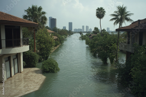 A flooded street with houses on either side