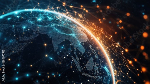 A glowing network of connections wraps around a 3D digital Earth, set against a dark textured background, representing the future of global technology.