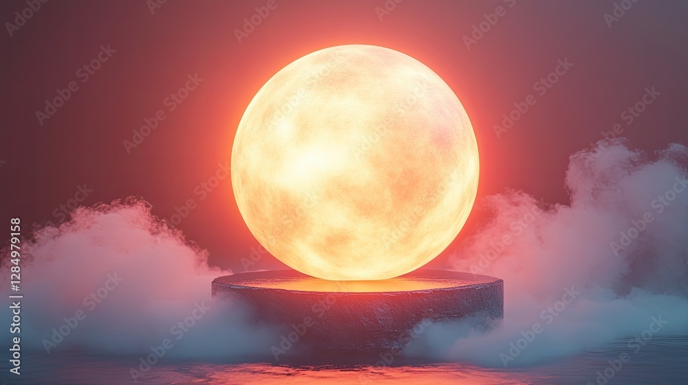 An illuminated sphere rests on a stone pedestal with surrounding clouds An illuminated sphere rests on a stone pedestal with surrounding clouds