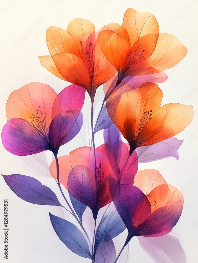 custom made wallpaper toronto digitalAbstract Watercolor Flowers in Magenta and Orange on White Background