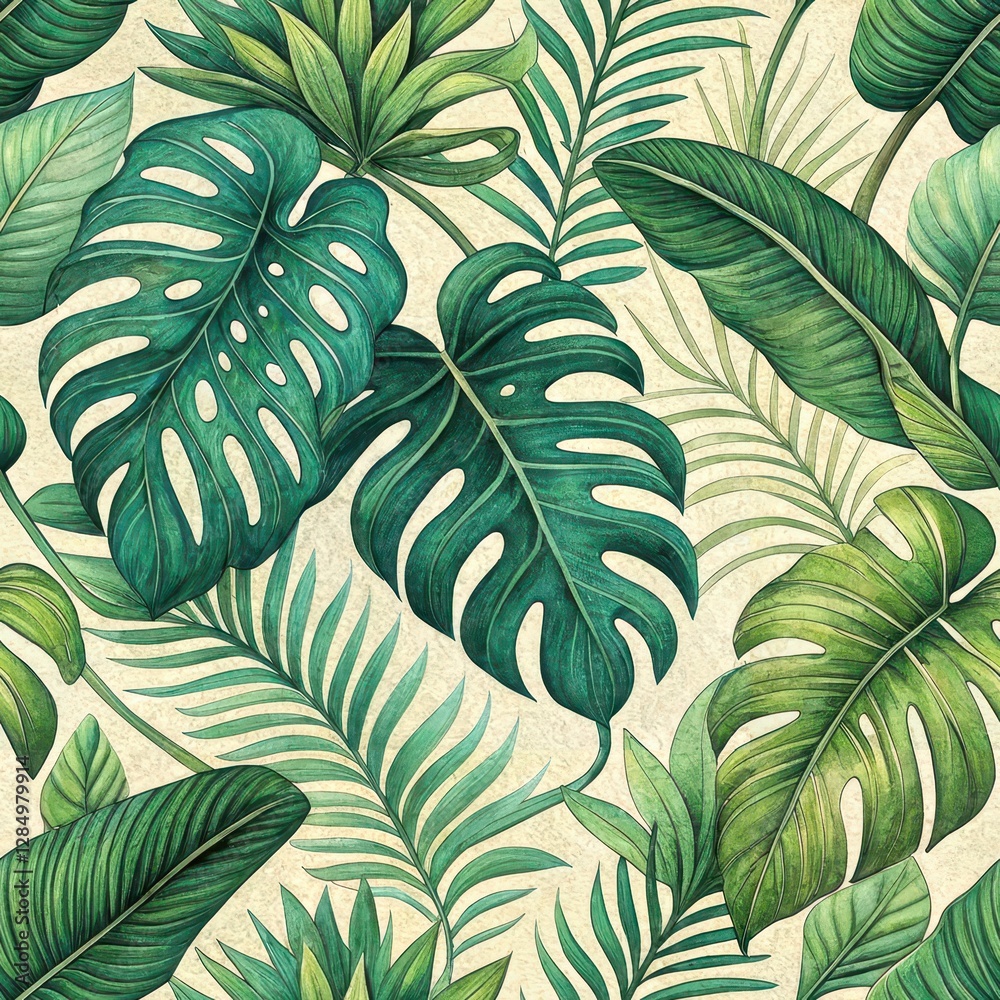 Fototapeta premium Vibrant Tropical Leaves Seamless Pattern Nature Digital Art Lush Environment Top-Down View Botanical Concept