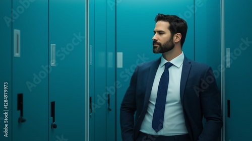 A confident businessman stands near teal lockers, dressed in a formal suit, exuding professionalism and determination