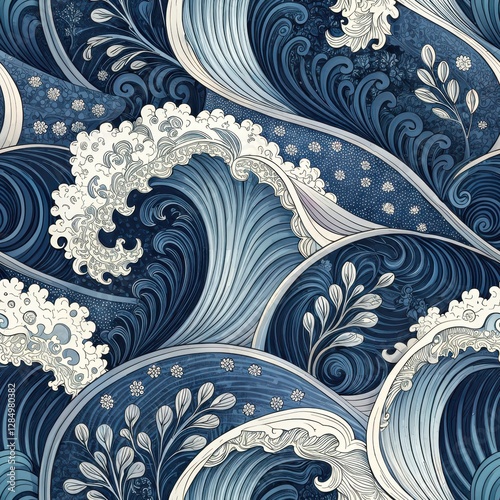 Ocean Waves Seamless Pattern Design Coastal Art Digital Illustration Artistic Environment Fluid Viewpoint Nature Concept