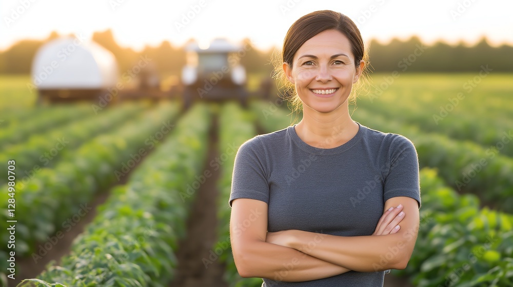 A confident woman stands proudly in a sunlit field of crops, showcasing her dedication to agriculture A confident woman stands proudly in a sunlit field of crops, showcasing her dedication to agriculture