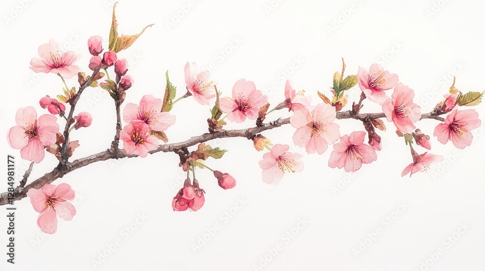 A delicate cherry blossom branch with pink flowers and buds against a light background. A delicate cherry blossom branch with pink flowers and buds against a light background.