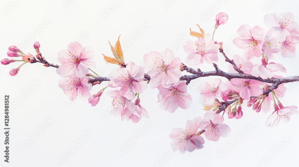 A delicate cherry blossom branch with pink flowers and buds against a light background. A delicate cherry blossom branch with pink flowers and buds against a light background.