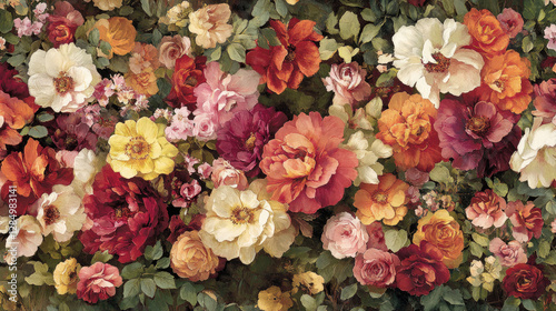 A vibrant floral pattern featuring various roses in a rich, colorful arrangement.