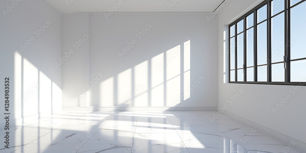 Obraz premium Minimalist bright empty room with large windows, white marble floor, and natural sunlight creating a modern, clean, and spacious architectural interior with serene atmosphere 