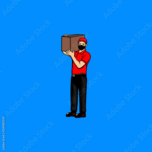 a man in red lifting a cardboard box on his shoulders vector illustration