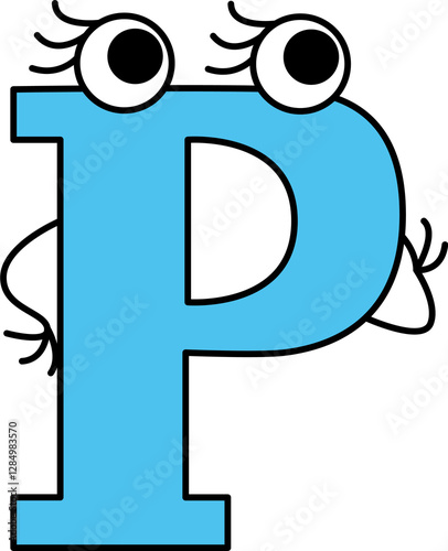 capital letter P with eyes with eyelashes stands thoughtfully and looks away