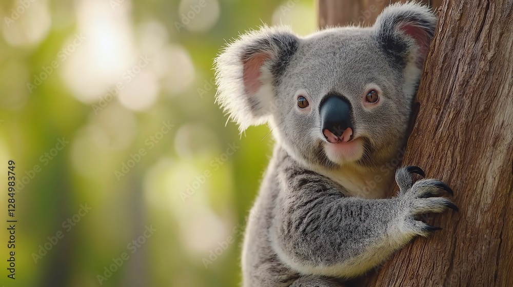 Naklejka premium A cute koala perched on a tree branch, showcasing its fluffy ears and curious expression. The blurred green background highlights the serene environment of its natural habitat.