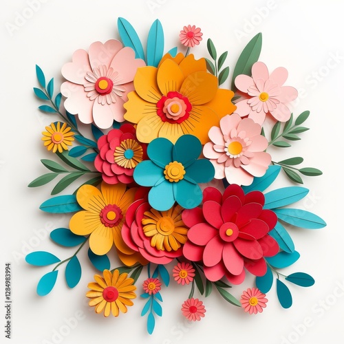 Colorful Floral Bouquet: A vibrant and meticulously crafted bouquet of paper flowers bursts with a spectrum of colors, each bloom showcasing intricate details and a unique shape.