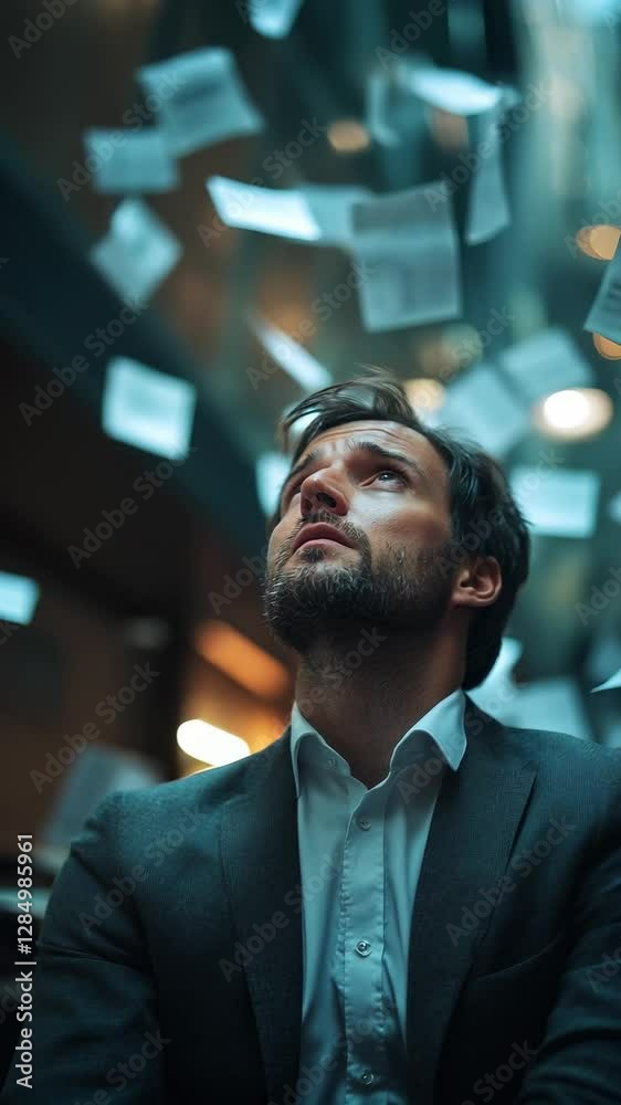 Businessman experiences turmoil as papers flutter around him in a city setting during evening hours Businessman experiences turmoil as papers flutter around him in a city setting during evening hours