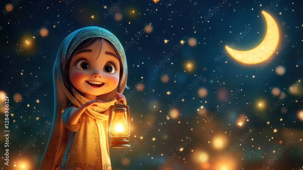 Enchanting Nighttime Scene with a Joyful Child Holding a Lantern Under a Starry Sky Enchanting Nighttime Scene with a Joyful Child Holding a Lantern Under a Starry Sky