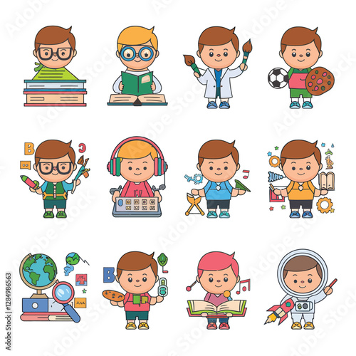 2d vector illustration technology , ai robot helping children at study pc and tablet , children background land escape 
