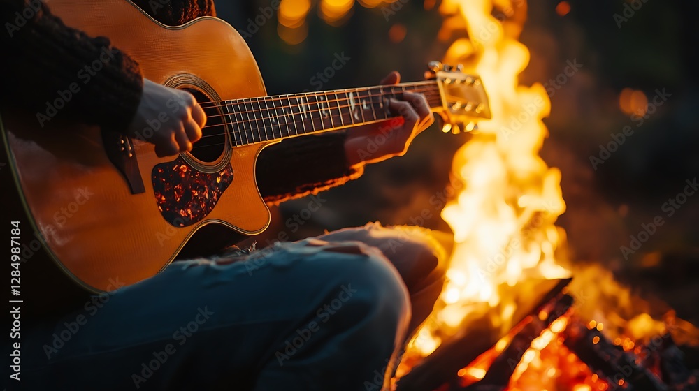 Obraz premium Playing Acoustic Guitar by Campfire Emitting a Warm Glow in the Night