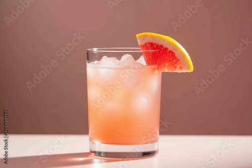 Wallpaper Mural Refreshing pink grapefruit cocktail with ice cubes in clear glass garnished with citrus slice, perfect for summer party, beach bar, tropical vacation, warm mood, soft brown background, minimal style Torontodigital.ca