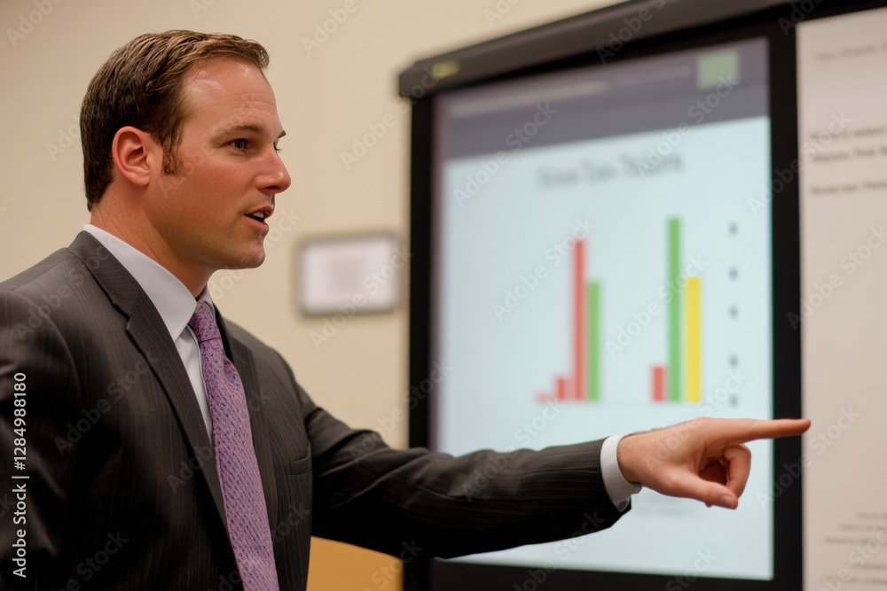 Professional Presenter Engaging Audience with Visual Data in Corporate Meeting Room Professional Presenter Engaging Audience with Visual Data in Corporate Meeting Room