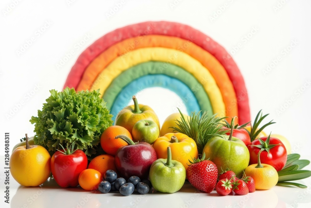 Fruits and vegetables are arranged in rainbow - shaped arrangement Fruits and vegetables are arranged in rainbow - shaped arrangement