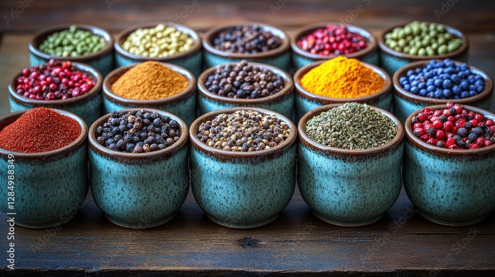 Fototapeta premium Colorful spices arranged on rustic wood