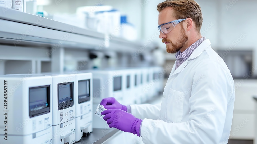 Fototapeta premium A focused scientist in a lab coat operates advanced laboratory equipment, wearing protective gloves and goggles