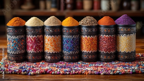 Fototapeta Naklejka Na Ścianę i Meble -  Colorful spices in ornate jars, spice shop background