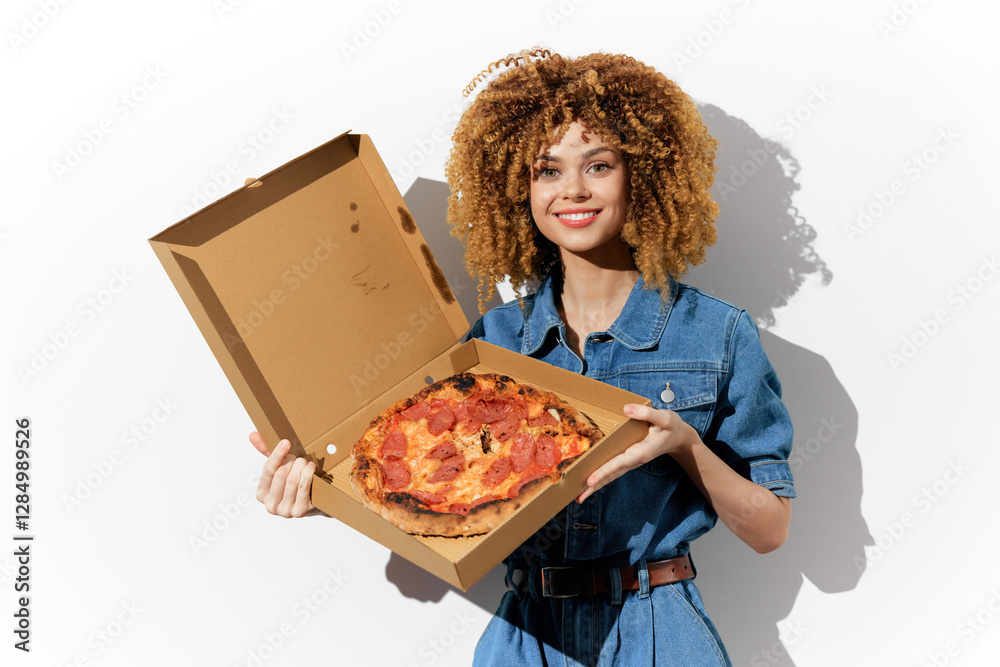 Happy young woman with curly hair holding a pizza box, wearing a denim outfit against a white background, conveying joy and excitement about food Happy young woman with curly hair holding a pizza box, wearing a denim outfit against a white background, conveying joy and excitement about food