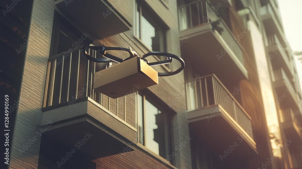 Fototapeta premium Drone Delivery to Modern Apartment Building at Sunset