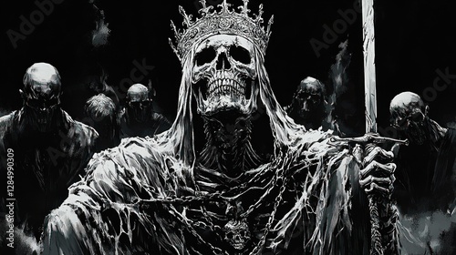 skeleton king of the undead holding chains and sword with zombie servants in dark gothic scene photo