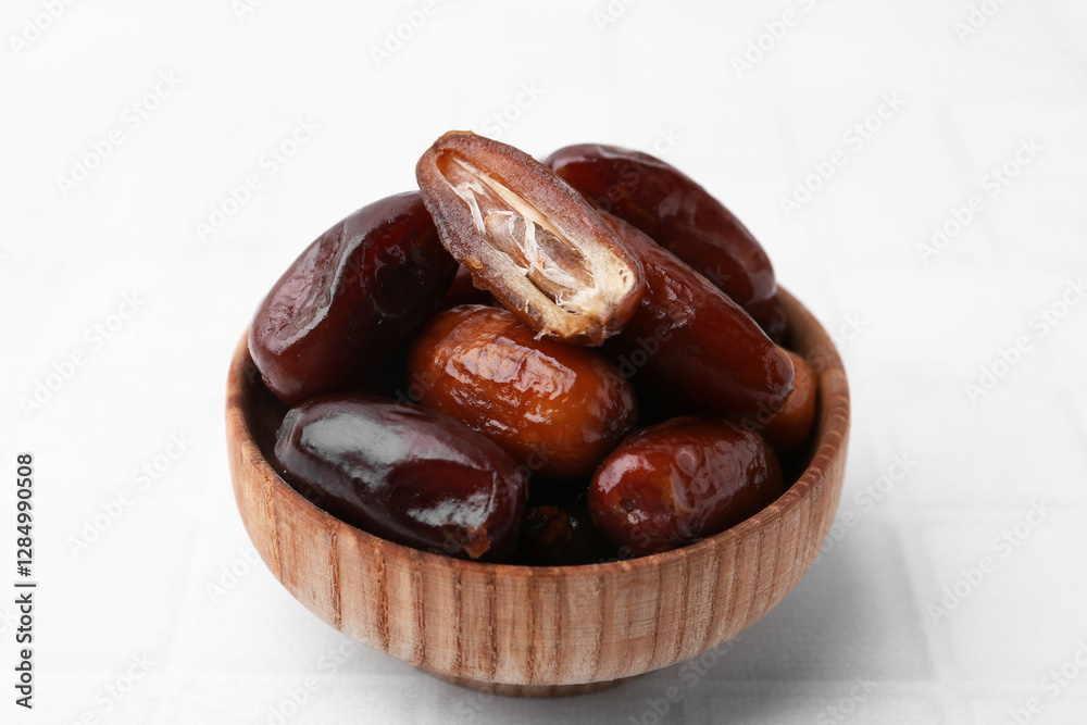 Tasty dried dates in bowl on white table, closeup Tasty dried dates in bowl on white table, closeup
