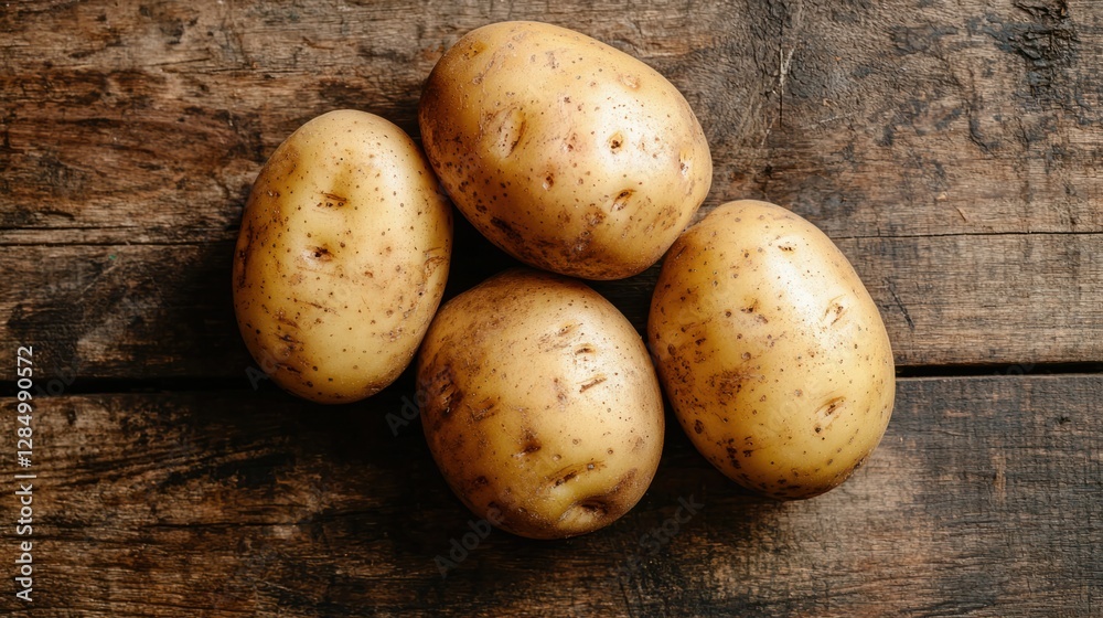 Fresh Raw Potatoes on Wooden Table with Natural Rustic Background Fresh Raw Potatoes on Wooden Table with Natural Rustic Background