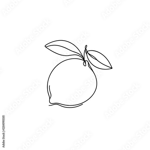 Minimalistic line art drawing of a lemon with leaves on a white background. Perfect for culinary projects, recipe books, healthy living designs, kitchen decor, or food-related illustrations.
