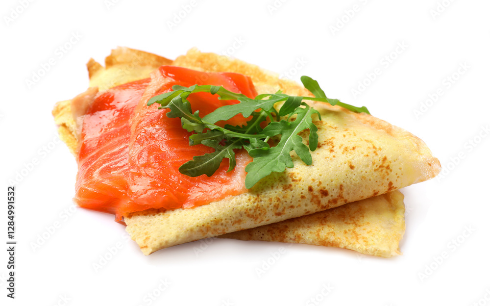 Delicious crepes with salmon and arugula isolated on white Delicious crepes with salmon and arugula isolated on white