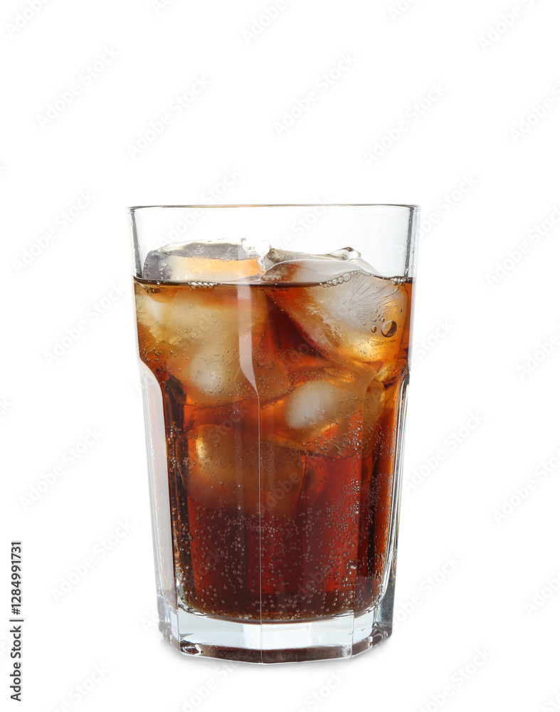 Refreshing cola with ice cubes in glass isolated on white Refreshing cola with ice cubes in glass isolated on white