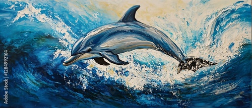 Striking Oil Painting Depicts Graceful Dolphin in Blue Ocean photo