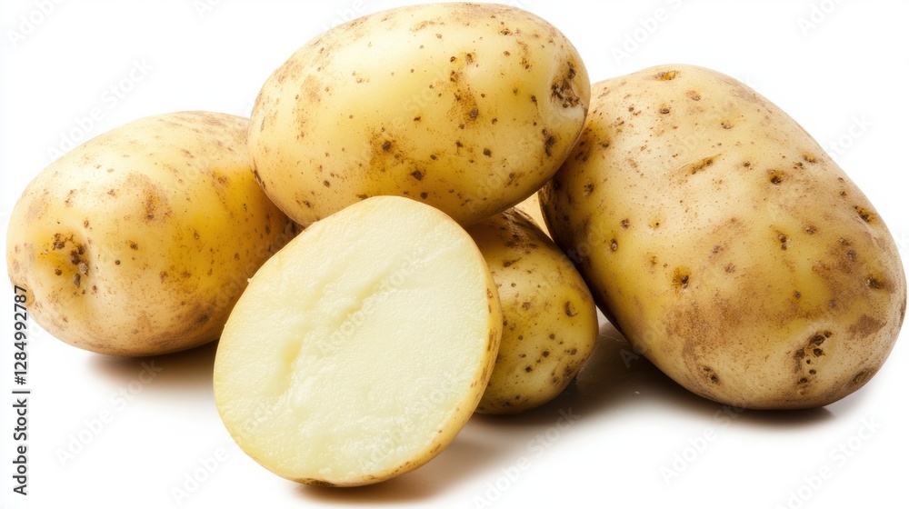 Fresh Whole Potatoes with One Cut in Half on White Background Fresh Whole Potatoes with One Cut in Half on White Background
