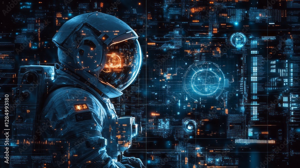 Futuristic astronaut surrounded by glowing digital interface and data Futuristic astronaut surrounded by glowing digital interface and data
