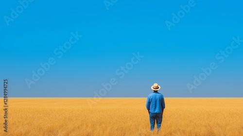 A lone individual stands in a vast golden field, gazing at a clear blue sky. This serene landscape captures the essence of solitude and connection with nature. photo