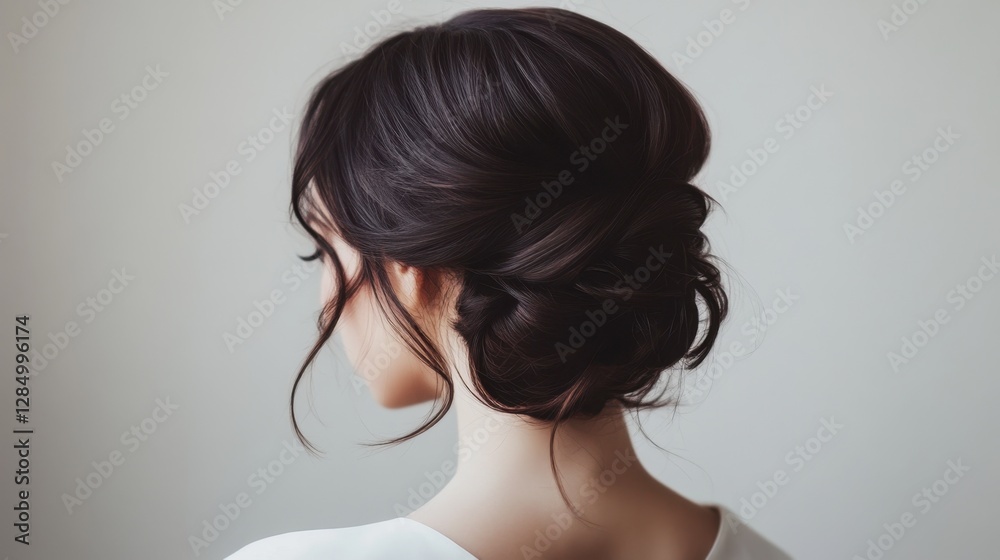 Elegant Updo Hairstyle on Woman in Soft Natural Lighting Elegant Updo Hairstyle on Woman in Soft Natural Lighting