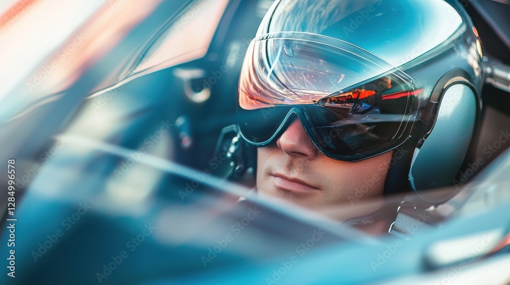 Intense Close-Up of Race Car Driver in High-Tech Helmet and Gear Intense Close-Up of Race Car Driver in High-Tech Helmet and Gear